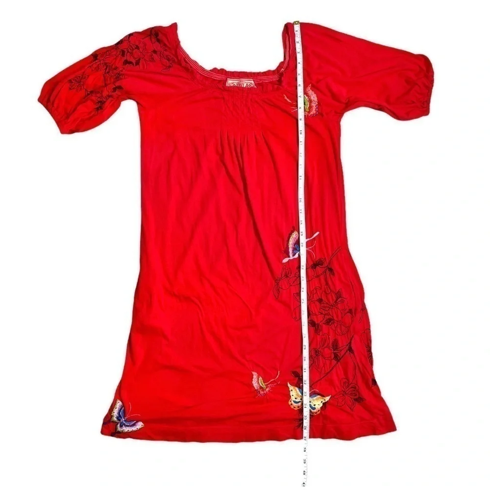 JW Los Angeles Johnny Was Red Multi Floral Butterfly Embroidered Dress Small